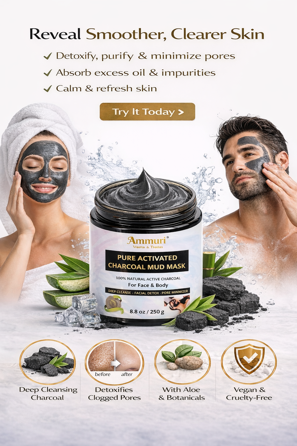 Activated Charcoal Mud Mask for Deep Cleansing Face & Body | Ammuri-2